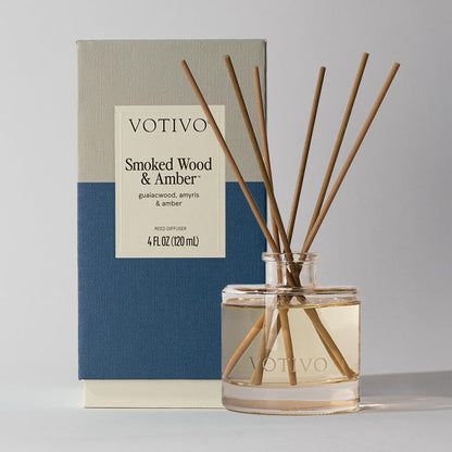 Votivo Smoked Wood & Amber Signature Reed Diffuser | Woody Scented Home Fragrance Diffuser with Sticks, Reed Oil and Glass Bottle | Decorative Air Freshener for Home Decor | 4 oz