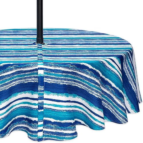 Indoor Outdoor Tabletop for Spring Summer Decorations, Picnics and Dinner Parties - Stain and Water Resistant, Crayon Art (Ocean), Zipper Tablecloth, 60" Round with Umbrella Hole - color: Crayon Art (Ocean), size: 60" x 60" (Round, Umbrella Hole)