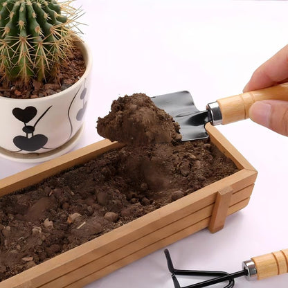 Mini Gardening Tool Set - 3PCS Hand Shovel, Rake, Spade with Wooden Handle - Small Planting Weeding Kit for Indoor Succulents, Cactus, Herbs, DIY Terrarium - Cute Garden Tools for Kids & Adults