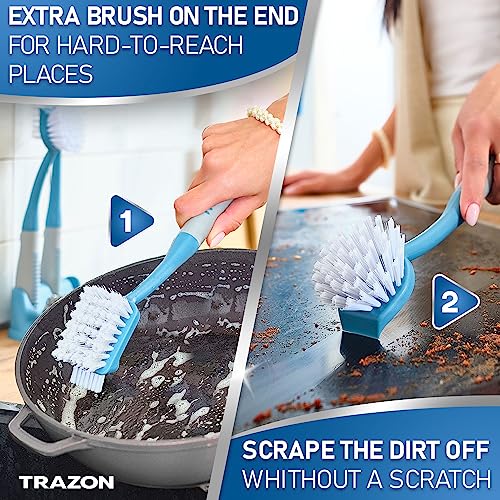 Dish Brush Set of 5 with Convenient Holder, Bottle Water Brush, Dish Scrub Brush, Scrubber Brush and Straw Brush - Kitchen Scrub Brushes Non Slip Long Handle for Sink Dishes Cup Pot - color: Blue