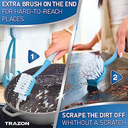 Dish Brush Set of 5 with Convenient Holder, Bottle Water Brush, Dish Scrub Brush, Scrubber Brush and Straw Brush - Kitchen Scrub Brushes Non Slip Long Handle for Sink Dishes Cup Pot - color: Blue