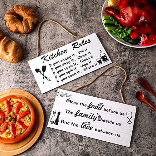 2 Pcs Kitchen Rules Wall Decor Farmhouse Kitchen Sign Wooden Dining Room Decor Black and White Hanging for Rustic Modern Bathroom