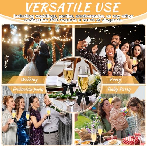 Zopeal Plastic Reusable Champagne Flute Glasses 6 oz and 50 Pcs Bow Set Acrylic Wedding Toasting Goblet 3.5" Bow Unbreakable Wine Cup for Bachelorette Bridal Shower Party(Clear and Black) - color: Clear and Black