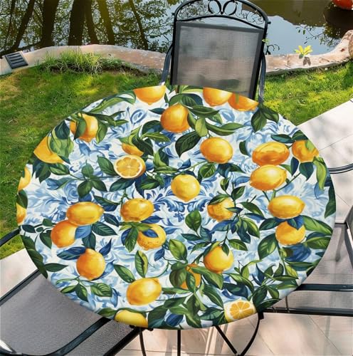 Round Fitted Tablecloth with Elastic Edge, Stain Resistant Waterproof Fabric Table Cover for 32"-36" Round Table, Indoor Outdoor Dining, Kitchen Decor, Camping, Holiday, Party, Lemon - color: Lemon, size: 36" (Round)