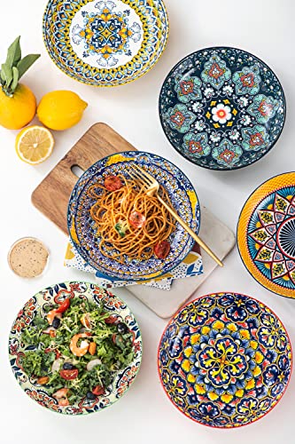 HENXFEN LEAD Pasta Salad Bowls Set of 6, Wide and Shallow Serving Bowls for Kitchen 32 Oz - 8 Inch Porcelain Soup Bowl, Pasta Plates Dishwasher & Microwave Safe - Bohemian style | Assorted Patterns, 8 Inch Pasta Plates with Wide and Shallow Design, Microw