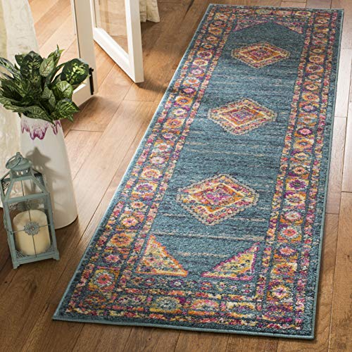 SAFAVIEH Madison Collection Runner Rug - 2'3" x 8', Light Blue & Orange, Boho Chic Medallion Design, Non-Shedding & Easy Care, Ideal for High Traffic Areas in Living Room, Bedroom (MAD133A) - color: Light Blue/Orange, size: 2'3" x 8' (Runner)