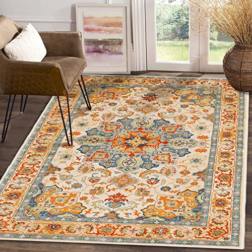 COMSLE Boho Area Rug, 4' x 6' Machine Washable Rugs for Entryway Indoor | Faux Wool Rugs, Distressed Throw Rug, Non-Slip Floor Carpet for Bedroom Kitchen Living Room - color: Terracotta/Royal Blue-1, size: 4' x 6' (Rectangular)