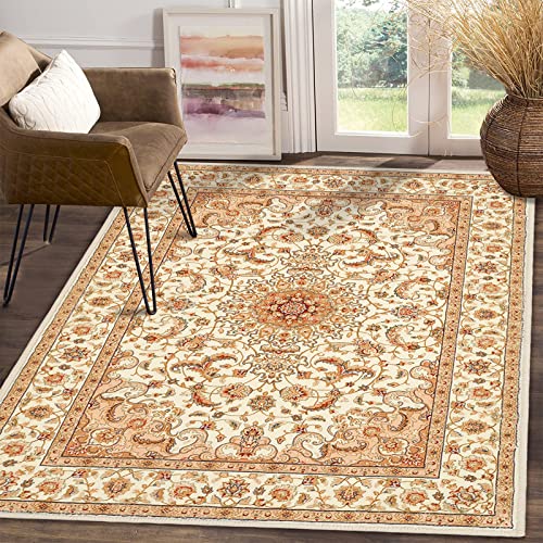 COMSLE Boho Area Rug, 4 x 6 Machine Washable Rugs for Entryway Cream/Beige | Faux Wool Rugs, Distressed Throw Rug, Non-Slip Floor Carpet for Indoor Bedroom Kitchen Living Room - color: Cream/Beige-2, size: 4' x 6' (Rectangular)