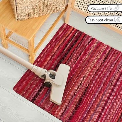Chindi Woven Rug 2x3 Feet - Red | Cotton Throw Rugs for Kitchen, Entryway, Easy Care Small Boho Mat - color: Red, size: 2 x 3 feet