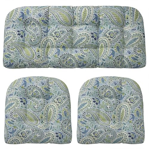 RSH DECOR 3Piece Wicker Tufted Outdoor Chair Cushions for Patio Furniture, Arctic Capri Loveseat Cushion Set, 44” x 22” Bench & 2 Seat Cushions, Wicker Patio Furniture Cushion, Made in USA - color: Arctic Capri, size: 44" x 22" & 2 - 22" x 22"
