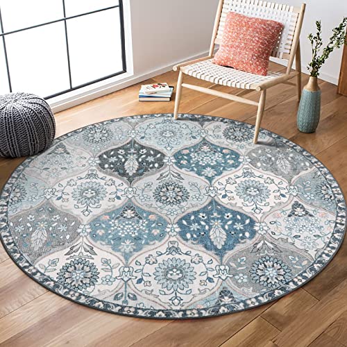 Lahome Moroccan Washable Round Rug, Soft Vintage Small Round Rug 3ft | Non-Slip Ultra-Thin Distress Circle Carpet for Entryway Bathroom Bedroom Kitchen Elise, Blue - color: Dusty Blue Grey, size: 3' (Round)