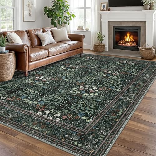 SIILOOM 8x10 Washable Area Rug, Non Slip Large Rug for Bedroom Living Room | Dark Green(Modern) Soft Boho Vintage Spill & Stain Resistant Low Pile Carpet for Family Room Dining Room Under Table Bedroom - color: Dark Green(modern), size: 8' x 10' (Rectangu