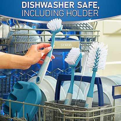 Dish Brush Set of 5 with Convenient Holder, Bottle Water Brush, Dish Scrub Brush, Scrubber Brush and Straw Brush - Kitchen Scrub Brushes Non Slip Long Handle for Sink Dishes Cup Pot - color: Blue