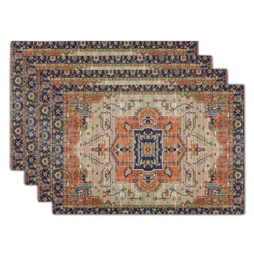 Aztec Terracotta Boho Placemats Set of 4 Vintage Rust Retro Carpet Linen Washable Kitchen Dining Table Mats Stain Heat-Resistant Desktop Decor Place Mats for Home Party Indoor 12x18 in - color: Ethnic 9, size: 18x12 Inches