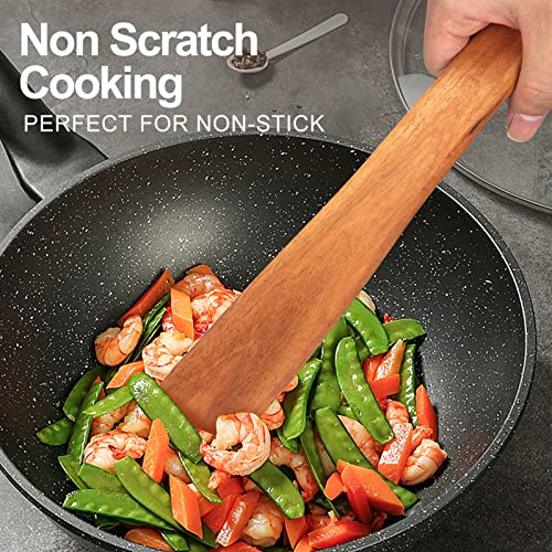 Non Toxic Wood Spatula for Cooking Spoon Teak Wooden Utensil Set Spurtle | Bamboo Kitchen Utensils Flat Turner Spatula Set for Kitchen Use Camping Egg Spatulas Sourdough Food Scraper Stirrer Spoon - size: 2 Pieces 12 Inches
