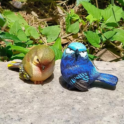 Resin Bird Figurines Set of 2, 2.4 Inch Grumpy Bird Decor | Hand-painted cobalt blue and olive-yellow birds, 2.6 oz each, with flat bases for stable indoor and outdoor display