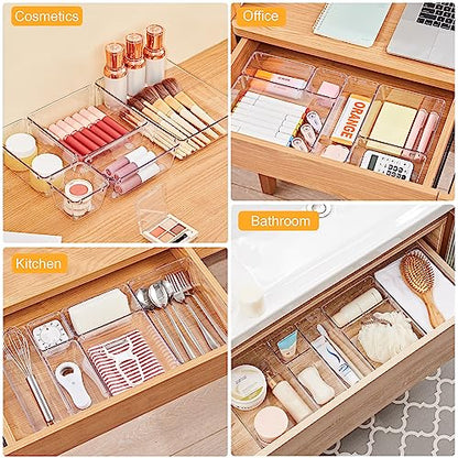 SMARTAKE 22-Piece Drawer Organizer with Non-Slip Silicone Pads, 5-Size | Clear Desk Bathroom Drawer Organizer Trays Storage Tray for Makeup, Jewelry, Utensils in Bedroom Dresser, Office and Kitchen - size: 22 PCS
