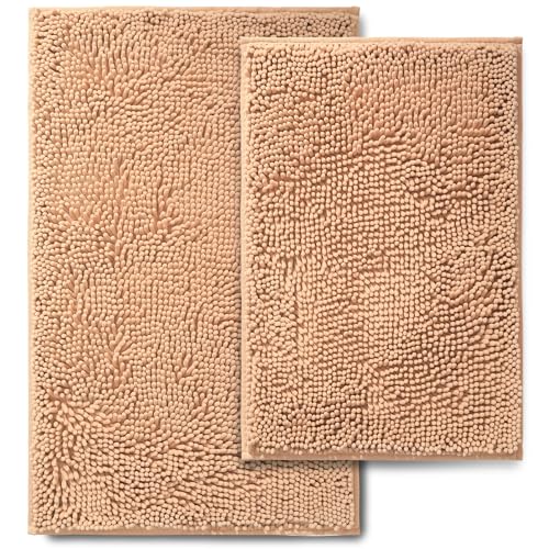 Chenille Bathroom Rugs Set 2 Piece, Absorbent Bath Rugs, Non-Slip Bath Mats, Machine Washable Rugs for Bathroom Floor, Tub and Shower, Beige (20 × 30 Plus 17 ×24 - Inch) - color: Beige