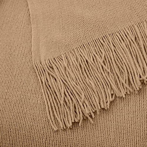 Vonty Light Brown Knitted Blanket with Tassels Fringe 50" x 60", Super Soft Knit Throw Blanket, Farmhouse Decorative Lightweight Blanket for Couch, Sofa, Bed | Super Soft And Lightweight, Year-Round Cozy Warmth, Farmhouse Decorative Style, Machine Washabl