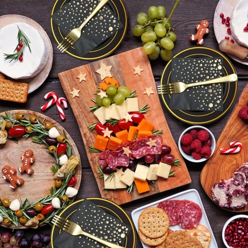 Black and Gold Dessert Plates Set, 100 Plates, Forks and Cocktail Napkins | Sturdy plastic, cake service, appetizer tables, salad course, weddings, graduations, easy cleanup - color: Black, style: Plates,Forks and Napkins