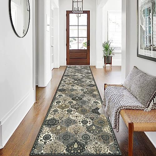 Lahome Moroccan Washable Runner Rug Non Slip, 2x10 Runner Rugs for Hallway | 2x10 Vintage Ultra-Thin Throw Long Carpet for Kitchen Entryway Bedroom Laundry Room Elise, Grey - color: Dusty Grey Beige, size: 2' X 10' (Runner)