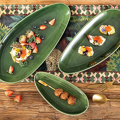 vicrays Large Oval Serving Platters, 16"/14"/10" Porcelain Serving Platters for Party, BBQ,Stackable Serving Trays Serving Plates for Appetizers, Sushi, Restaurant, Set of 3 (Green) - color: Green