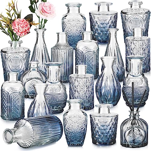 Inbagi 20 Pcs Glass Bud Vase Set - Small Flower Vases Bulk, Vintage Embossed Decorative Bottles for Wedding Valentine Home Table Centerpieces Decor, Gradient Blue - color: Gradient Blue