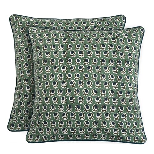 Block Print Basil Green Pillow Cover 16" x 16" (Pack of 2) Decorative Couch Pillows for Living Room, Chic Boho Cute Outdoor Pillows Covers Gifts for Spring, Easter and Valentine - color: Basil Green, size: 16" x 16" (Pack of 2)