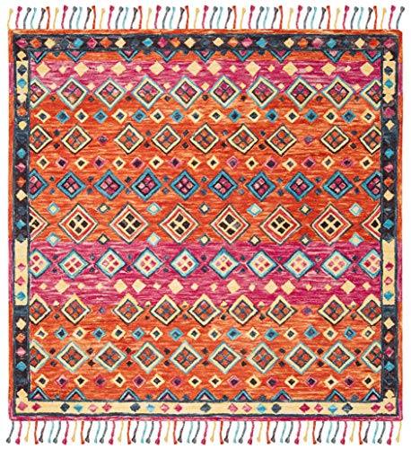 SAFAVIEH Aspen Collection Area Rug - 5' Square, Orange & Fuchsia, Handmade Boho Braided Tassel Wool, Ideal for High Traffic Areas in Living Room, Bedroom (APN138A) - size: 5' x 5' (Square)