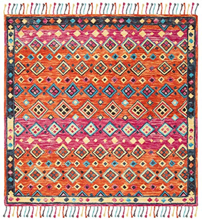 SAFAVIEH Aspen Collection Area Rug - 5' Square, Orange & Fuchsia, Handmade Boho Braided Tassel Wool, Ideal for High Traffic Areas in Living Room, Bedroom (APN138A) - size: 5' x 5' (Square)