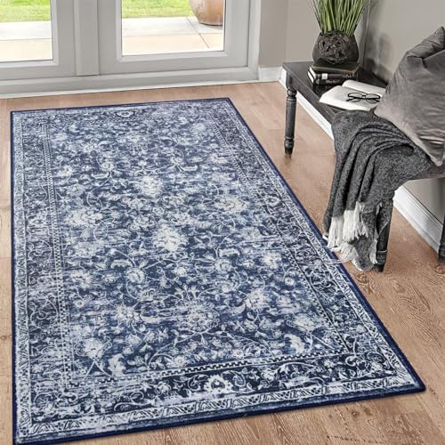 KILOCOCO Area Rug 3x5 Washable Entryway Rug Non Slip Blue Kitchen Rugs | Printed Indoor Rug, Non Skid Entry Rug, Low Pile Foyer Rugs, Soft Floral Small Entrance Rugs for Playroom Mudroom Living Room - color: Blue/Navy/White, size: 3' x 5' (Rectangular)