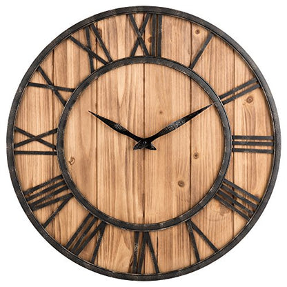Oldtown Farmhouse Metal & Solid Wood Noiseless Wall Clock (Wood, 24-inch) - color: Wood, size: 24-inch