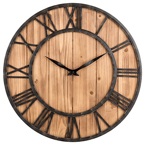 Oldtown Farmhouse Metal & Solid Wood Noiseless Wall Clock (Wood, 24-inch) - color: Wood, size: 24-inch