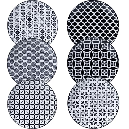 LEHAHA Ceramic 6'' Appetizer Plates Set of 6, Small Dessert/Salad Plates, Black Round Serving Plates, Porcelain Dinnerware Dishes for Cake, Waffle, Pasta,snacks, cookie, Microwave & Dishwasher Safe - color: Black/White