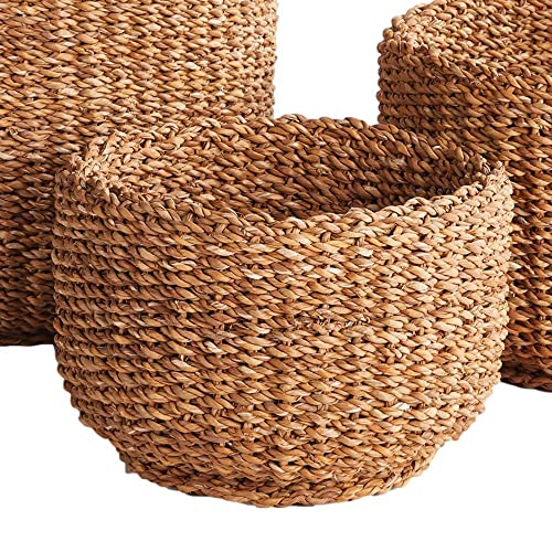 Set of 3 Woven Sea Grass Storage Baskets Cylinder 18 15 12 in Natural Spa Towel
