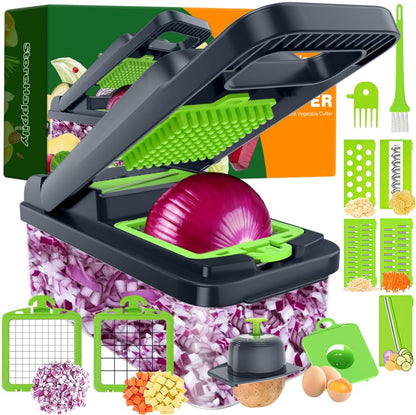 12-in-1 Vegetable Chopper 7 Blades, Veggie Cutter with Handle, Green/Grey | Stainless Steel Blades, Food Container and Lid, Dicer, Slicer, Julienne, Egg Separator, Non-slip Base, Include Cleaning Tools - color: Green, size: 7 blades