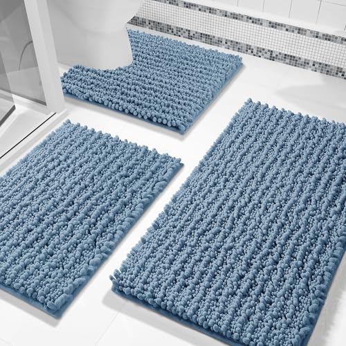 Yimobra Bathroom Rug Set 3 Piece - Super Absorbent Quick Dry Chenille Bath Mats & Toilet Rug, Non Slip Machine Washable, Extra Thick Shaggy Floor Mat for Shower Tub Sink, Denim Blue - color: Denim Blue, size: 24"x17" + 24"x20" + 30"x20"