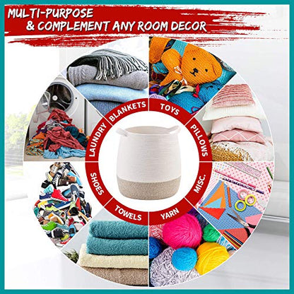 Large 17 x 17 Inches Decorative Woven Cotton Rope Blanket Basket for Living Room, Laundry Basket Hamper, Storage Baskets with Handles for Toys, Throws, Pillows, Towels, Shoes, Brown