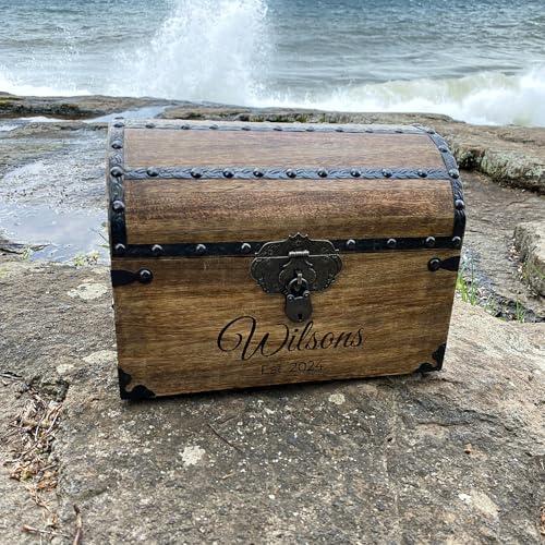Personalized Treasure Chest with Card Slot, Antique Lock & Skeleton Keys (Medium 11x8x8) – Pirate Decor, Wooden Keepsake Box, Decorative Wooden Box for Weddings & Anniversaries - size: Medium 11x8x8