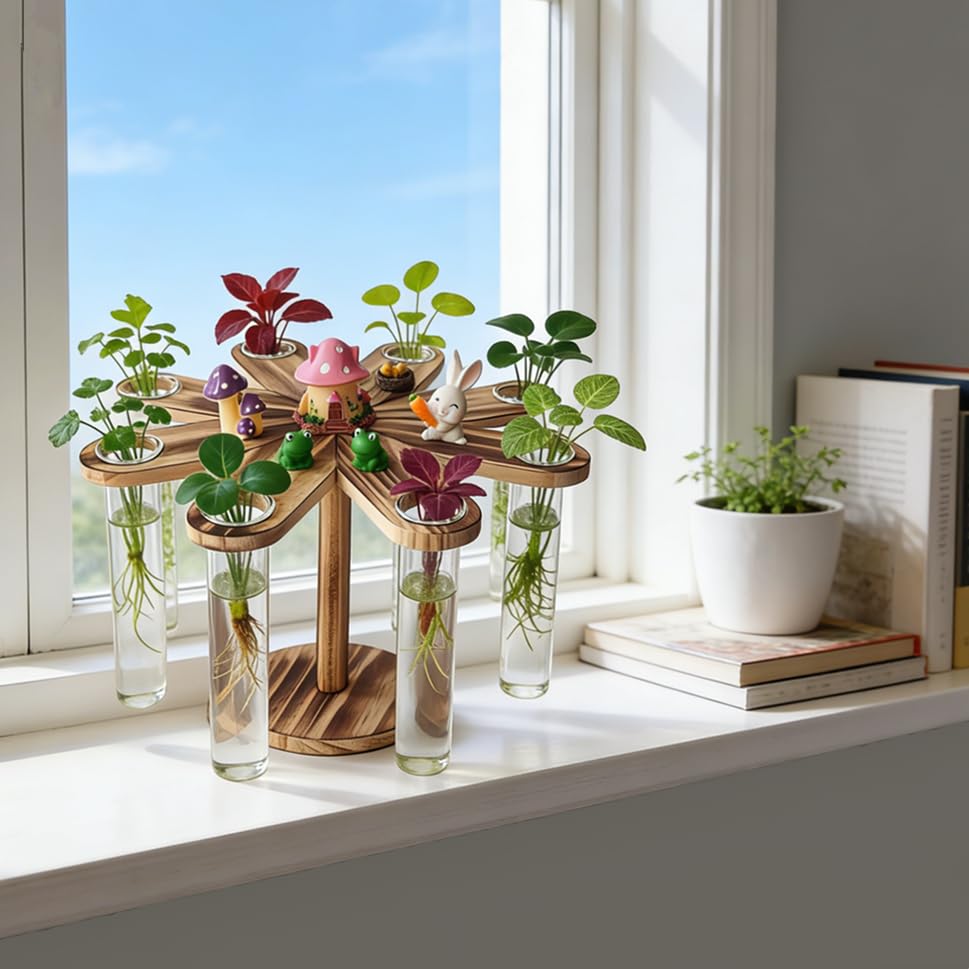 Plant Terrarium Propagation Stations, Clear Glass Flower Vases, Wooden Stand Retro, Hydroponics for Home Office Decoration, Dining Table Centerpiece - 8 Glass Tubes Vases