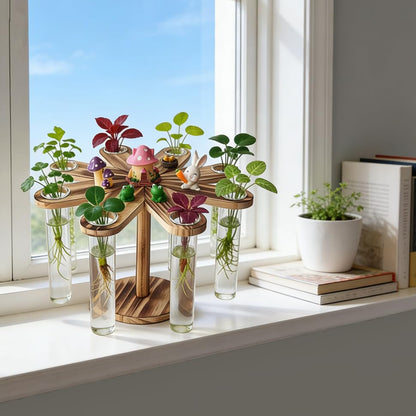 Plant Terrarium Propagation Stations, Clear Glass Flower Vases, Wooden Stand Retro, Hydroponics for Home Office Decoration, Dining Table Centerpiece - 8 Glass Tubes Vases