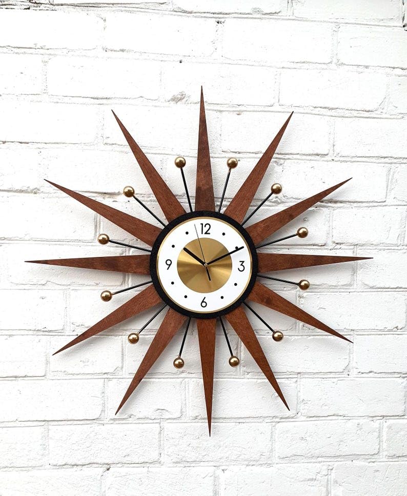30" 27" 25" Burnt Orange Atomic Wall Clock Starburst Clock Brass Gold Large Clock Vintage Modern Industrial Clock (Brown,25in)