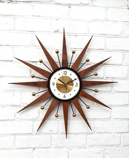 30" 27" 25" Burnt Orange Atomic Wall Clock Starburst Clock Brass Gold Large Clock Vintage Modern Industrial Clock (Brown,25in)