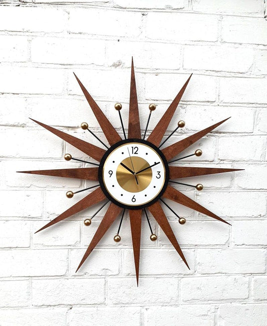 30" 27" 25" Burnt Orange Atomic Wall Clock Starburst Clock Brass Gold Large Clock Vintage Modern Industrial Clock (Brown,25in)