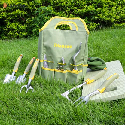 Green Garden Tools Set 12-Piece, Gardening Gifts for Women Men | Aluminum Gardening Hand Tools with Non-Slip Ergonomic Handle, Apron, Gloves, Kneeling Pad and Storage Bag, Garden Starter Kit - color: green