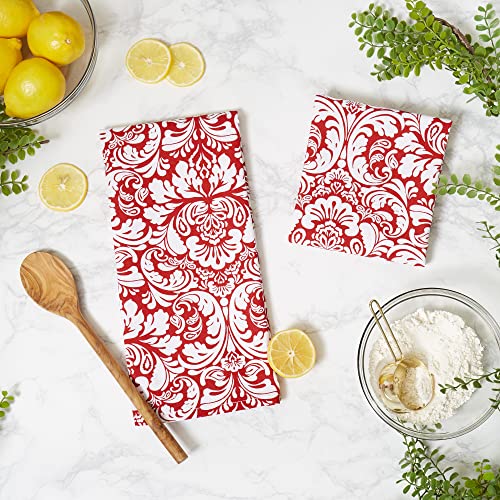 DII Cotton Dish Towel Set Damask Print, 18x28, Tango Red, 2 Count - color: Tango Red, size: Dishtowel, 18x28"