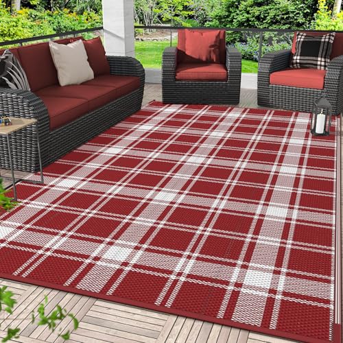 GENIMO Outdoor Rug, Waterproof Plastic Rugs for Patio, 4'x6' Red Plaid | Outside Larger Modern Carpet Mat for Porch Decor, Deck, Balcony, Camping, RV, Backyard, Picnic, Beach, Reversible, Foldable - color: Red Plaid, size: 4' x 6' (Rectangular)