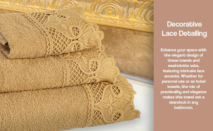 Zahari Home 3 Piece Laced Towel Set - Stylish Soft Plush Cotton Towels with Hand Towel & Washcloth - Highly Absorbent Towels for Bathroom, Gym, Hotel & Spa (Macramee Gold) - color: Macramee-gold