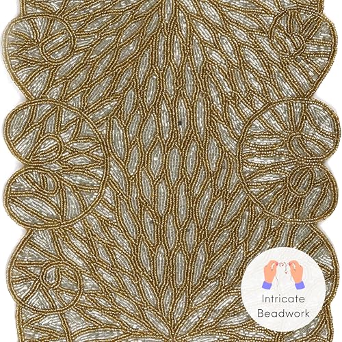Gold Beaded Table Runner, Metallic, 13x36 | 85% glass beads, 15% polyester backing, handcrafted, shimmering metallic finish, weddings, Christmas, wipe-clean care - color: Silver Golden, size: 36"x13"