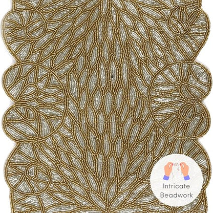 Gold Beaded Table Runner, Metallic, 13x36 | 85% glass beads, 15% polyester backing, handcrafted, shimmering metallic finish, weddings, Christmas, wipe-clean care - color: Silver Golden, size: 36"x13"